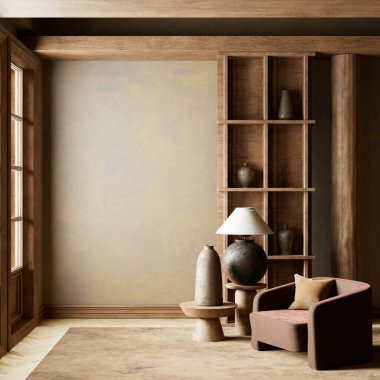 Dünya tonları, doğal dokuları ve modern minimalizmi ve samimi sıcaklığı harmanlayan heykel desenli sakin bir yaşam alanı. 3B illüstrasyon