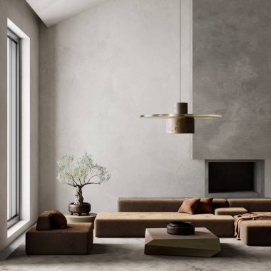 Geniş, oturma odasında büyük, kahverengi, eşsiz bir sehpa bulunur. Tarafsız tonlar sakin ve sofistike bir ortam yaratır. 3B illüstrasyon