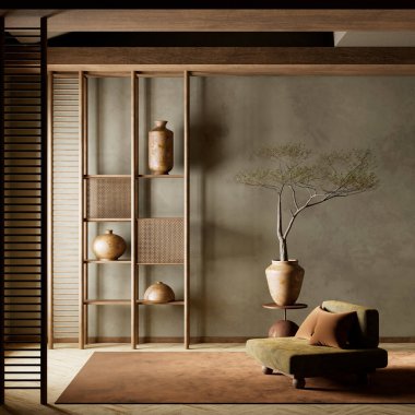 Huzurlu, minimalist bir yaşam alanı. Topraksı tonlarıyla, yumuşak ışıklandırmasıyla ve doğal dokuları, düşük mobilyaları ve zarif ahşap bölümleri olan Japonca esinlenilmiş bir dekor. 3B illüstrasyon