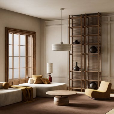 Sakin ve zarif bir atmosfer için yumuşak nötrleri, doğal ahşabı ve minimalist tasarımı birleştiren rahat, modern bir yaşam alanı.