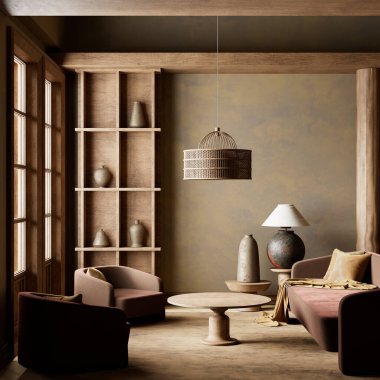 Dünya tonları, doğal dokuları ve modern minimalizmi ve samimi sıcaklığı harmanlayan heykel desenli sakin bir yaşam alanı. 3B illüstrasyon