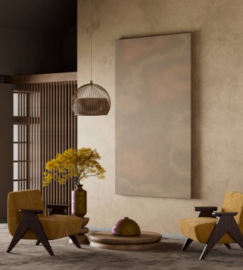 Yumuşak dokuları, sıcak toprak tonlarını ve minimalist zarafeti birleştirerek sakin ve dengeli bir atmosfer oluşturan modern bir Japon oturma odası. 3B illüstrasyon