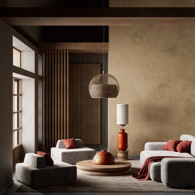 Yumuşak dokuları, sıcak toprak tonlarını ve minimalist zarafeti birleştirerek sakin ve dengeli bir atmosfer oluşturan modern bir Japon oturma odası. 3B illüstrasyon