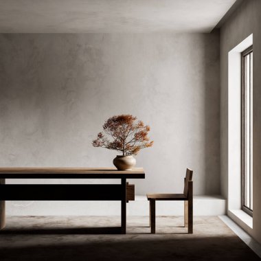 Ahşap bir masa ve sandalyeli sakin bir yer, kurumuş bir vazo ve uzun bir pencereden süzülen güneş ışığıyla hafifçe aydınlatılan nötr duvarlar. 3B illüstrasyon