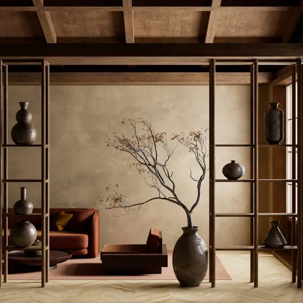 Oturma odası Japon minimalizmini doğal dokular, sıcak ahşap tonlar ve el yapımı seramiklerle somutlaştırıyor. Bir heykel ağacı şiirsel bir dokunuş ekler, dinginliği ve zamansız zarafeti çağrıştırır. 3B illüstrasyon