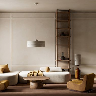 Sakin ve zarif bir atmosfer için yumuşak nötrleri, doğal ahşabı ve minimalist tasarımı birleştiren rahat, modern bir yaşam alanı.