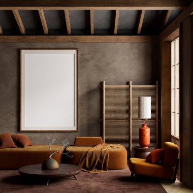 Mekan, Japonların esinlendiği zarafeti kucaklıyor. Basitliğin modern rahatlıkla buluştuğu, rahatlatıcı ve sessiz bir düşünce için mükemmel bir atmosfer yarattığı yer. 3B illüstrasyon