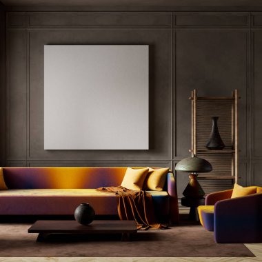 Çarpıcı iç mekan, canlı gradyan mobilyaları heykel dekorları ile birleştirerek, retro yetenek ve modern karmaşıklık arasında benzersiz bir uyum yaratır. 3B illüstrasyon