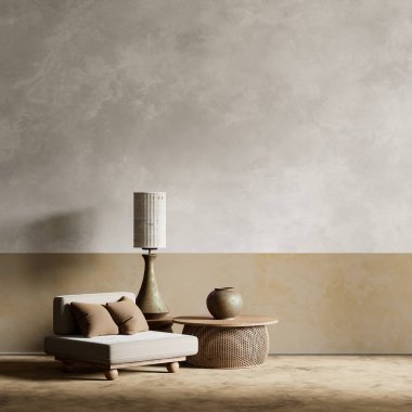 Yumuşak nötr, dokulu malzemelerin ve dengeli ve misafirperver bir ortam için sıcak ahşap aksanların olduğu minimalist bir oturma odası. 3B illüstrasyon