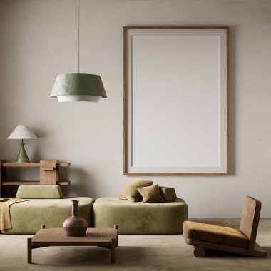 Sakin, minimalist bir oturma odası. Toprak tonları, düşük profilli mobilyalar ve sakin ve rahat bir atmosfer için doğal ışık. 3B illüstrasyon