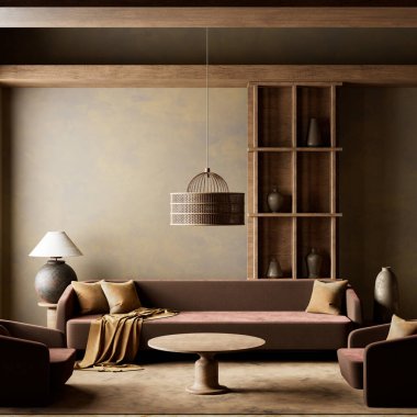 Dünya tonları, doğal dokuları ve modern minimalizmi ve samimi sıcaklığı harmanlayan heykel desenli sakin bir yaşam alanı. 3B illüstrasyon
