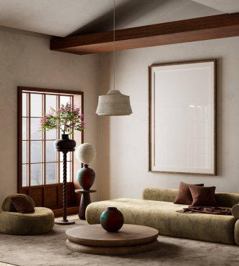 Yumuşak toprak tonlarının, organik dokuların, el yapımı çömleklerin ve sakin ve misafirperver bir atmosfer yaratan sıcak ahşap aksanların olduğu sakin bir oturma odası. 3B illüstrasyon