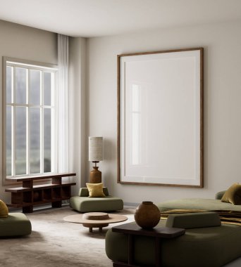 Sessiz yeşil oturma odası, doğal dokuları ve sakin ve şık bir atmosfer yaratan toprak tonlarıyla modern bir minimalist oturma odası. 3B illüstrasyon