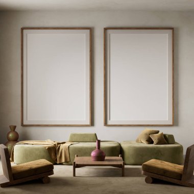 Sakin, minimalist bir oturma odası. Toprak tonları, düşük profilli mobilyalar ve sakin ve rahat bir atmosfer için doğal ışık. 3B illüstrasyon