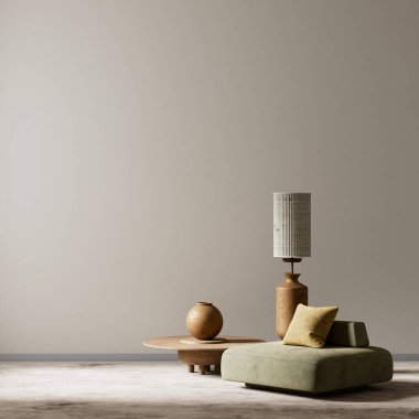 Sessiz yeşil oturma odası, doğal dokuları ve sakin ve şık bir atmosfer yaratan toprak tonlarıyla modern bir minimalist oturma odası. 3B illüstrasyon