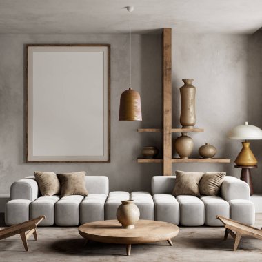 Modern ve rustik stiller bu rahat oturma odasında birleşir, heykelsel ışıklandırma ve seramik detaylar alanı genişletir. 3B illüstrasyon