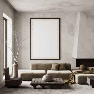 Monolitik biçimler, ham dokular ve ahenkli tonların ve minimalist estetiğin karışımından oluşan cesur ve gaddar bir oturma odası. 3 boyutlu illüstrasyon.