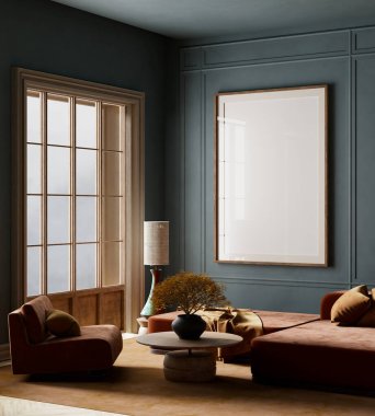 Rahat ve sofistike oturma odası modern tasarımı doğal elementlerle harmanlıyor. Pas rengi koltuklar, minimalist yuvarlak kahve masası ve yumuşak, sessiz bir renk paleti. 3B illüstrasyon