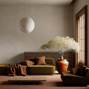 Doğal zarafet ve dengenin mükemmel bir dokunuşu için sakin, toprak tonlarını, modern mobilyaları ve heykel ağacını harmanlayan bir yer.