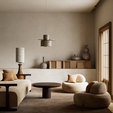 İskandinav sadeliği, bu sakin, minimalist alanda doğal tonların, temiz çizgilerin ve sakin işlevselliğin altını çizen Japon zarafetiyle harmanlanır. 3B illüstrasyon
