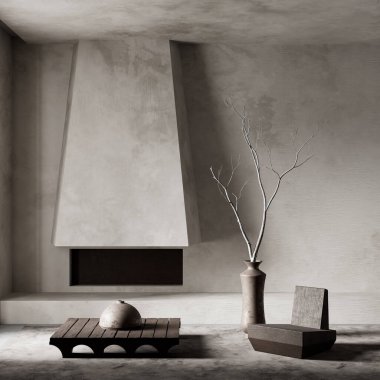 Monolitik biçimler, ham dokular ve ahenkli tonların ve minimalist estetiğin karışımından oluşan cesur ve gaddar bir oturma odası. 3 boyutlu illüstrasyon.