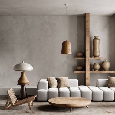 Modern ve rustik stiller bu rahat oturma odasında birleşir, heykelsel ışıklandırma ve seramik detaylar alanı genişletir. 3B illüstrasyon