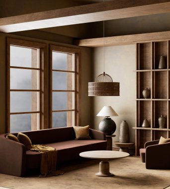 Dünya tonları, doğal dokuları ve modern minimalizmi ve samimi sıcaklığı harmanlayan heykel desenli sakin bir yaşam alanı. 3B illüstrasyon