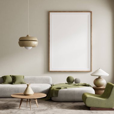 Yumuşak nötr ve ferahlatıcı yeşil tonları olan, minimalist mobilyalar ve sakin bir ortam için doğal dokularla tasarlanmış modern bir oturma odası. 3B illüstrasyon