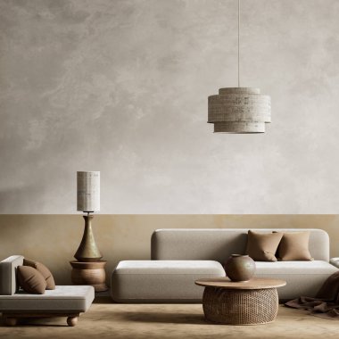 Yumuşak nötr, dokulu malzemelerin ve dengeli ve misafirperver bir ortam için sıcak ahşap aksanların olduğu minimalist bir oturma odası. 3B illüstrasyon