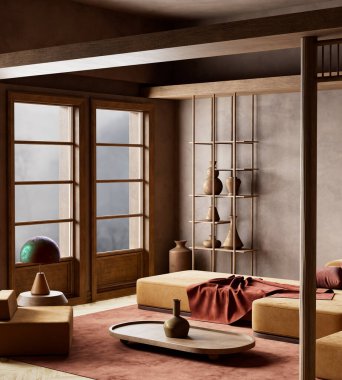 Minimalist mobilyaları, seramik vazoları ve büyük bir kapta bir ağacı olan sıcak, modern bir iç mekan. Doğal tonlar ve Japon estetiği barışçıl ve zarif bir alan yaratır. 3B illüstrasyon