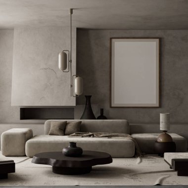 Beton tonlar, heykelcilikle konforun yeniden tanımlandığı bu vahşi esinlenilmiş oturma odasında organik kıvrımlarla karşılaşıyor. 3B illüstrasyon