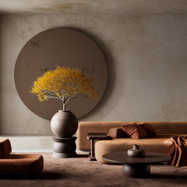 Terracotta oturma odası, heykeltraşlık vazolar, doğal dokular, sıcak ve dünyevi bir atmosfer yaratıyor.