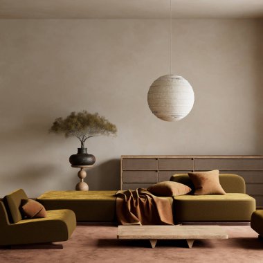 Doğal zarafet ve dengenin mükemmel bir dokunuşu için sakin, toprak tonlarını, modern mobilyaları ve heykel ağacını harmanlayan bir yer.