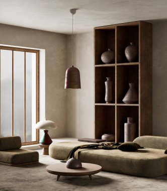 Huzurlu bir oturma odası zeytin oturakları, ahşap raflar ve seramik dcor 'u yumuşak doğal ışık altında harmanlayarak sıcak, minimalist ve uyumlu bir uzay 3D çizimi oluşturur.