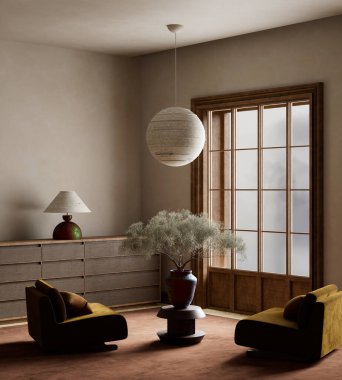 Doğal zarafet ve dengenin mükemmel bir dokunuşu için sakin, toprak tonlarını, modern mobilyaları ve heykel ağacını harmanlayan bir yer.