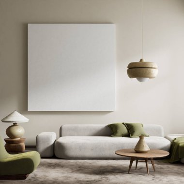Yumuşak nötr ve ferahlatıcı yeşil tonları olan, minimalist mobilyalar ve sakin bir ortam için doğal dokularla tasarlanmış modern bir oturma odası. 3B illüstrasyon
