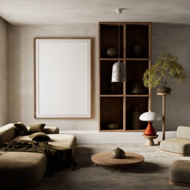 Huzurlu bir oturma odası zeytin oturakları, ahşap raflar ve seramik dcor 'u yumuşak doğal ışık altında harmanlayarak sıcak, minimalist ve uyumlu bir uzay 3D çizimi oluşturur.