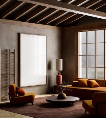 Mekan, Japonların esinlendiği zarafeti kucaklıyor. Basitliğin modern rahatlıkla buluştuğu, rahatlatıcı ve sessiz bir düşünce için mükemmel bir atmosfer yarattığı yer. 3B illüstrasyon