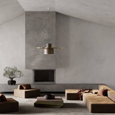 Geniş, oturma odasında büyük, kahverengi, eşsiz bir sehpa bulunur. Tarafsız tonlar sakin ve sofistike bir ortam yaratır. 3B illüstrasyon