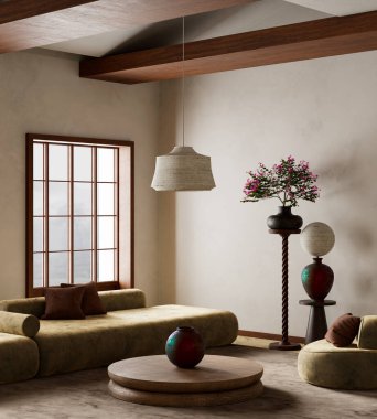 Yumuşak toprak tonlarının, organik dokuların, el yapımı çömleklerin ve sakin ve misafirperver bir atmosfer yaratan sıcak ahşap aksanların olduğu sakin bir oturma odası. 3B illüstrasyon