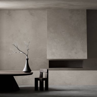 Acımasız tasarımın dramatik bir ifadesi. Katı formlar ve ham yüzeyler, materyal ve formu onurlandıran bir yemek alanında buluşuyor. 3B illüstrasyon