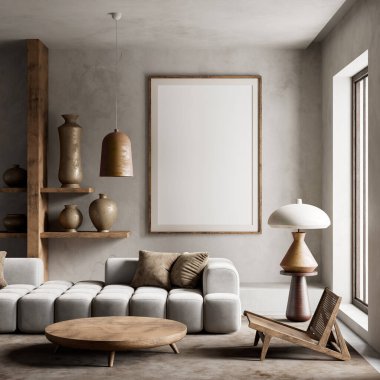 Modern ve rustik stiller bu rahat oturma odasında birleşir, heykelsel ışıklandırma ve seramik detaylar alanı genişletir. 3B illüstrasyon