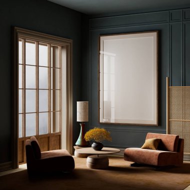 Rahat ve sofistike oturma odası modern tasarımı doğal elementlerle harmanlıyor. Pas rengi koltuklar, minimalist yuvarlak kahve masası ve yumuşak, sessiz bir renk paleti. 3B illüstrasyon