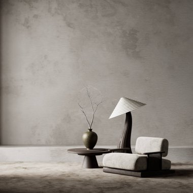 Yumuşak bej tonlu ve toprak aksanlı, eğri büğrü mobilyalar, heykel aydınlatması ve doğal dokulardan esinlenilmiş sakin bir atmosferi olan minimal bir oturma odası. 3B illüstrasyon