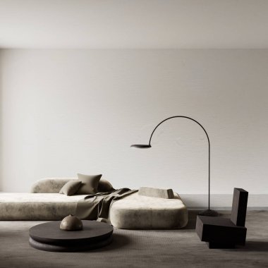 Modern minimalist oturma odası, heykel dekoru, yumuşak tonlu mobilyalar ve Japon iç uyumu yansıtan sakin bir atmosfer. 3B illüstrasyon