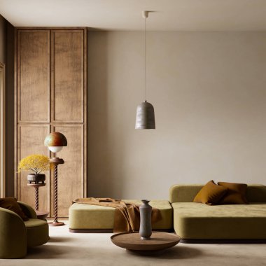 Zeytin yeşili koltuklu minimalist bir yaşam alanı, sıcak ahşap aksanlı ve sakin ve zarif bir palet. 3B illüstrasyon