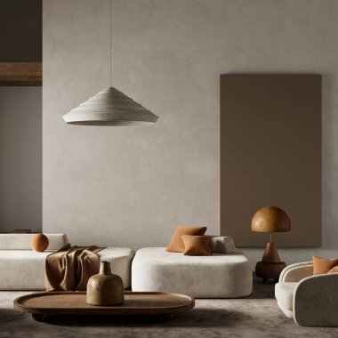 Yumuşak dokuları, toprak renkleri ve heykel aksanlarıyla huzurlu ve modern minimalist bir atmosfer yaratan sakin bir oturma odası. 3B illüstrasyon