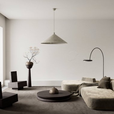 Modern minimalist oturma odası, heykel dekoru, yumuşak tonlu mobilyalar ve Japon iç uyumu yansıtan sakin bir atmosfer. 3B illüstrasyon