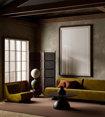 Bu zarif iç mekan geleneksel Japon tasarımıyla modern konforu birleştirir. Doğal ışık, dünyevi renkler ve basit formlar barışçıl bir atmosfer yaratır. 3B illüstrasyon