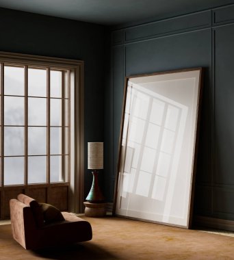 Rahat ve sofistike oturma odası modern tasarımı doğal elementlerle harmanlıyor. Pas rengi koltuklar, minimalist yuvarlak kahve masası ve yumuşak, sessiz bir renk paleti. 3B illüstrasyon